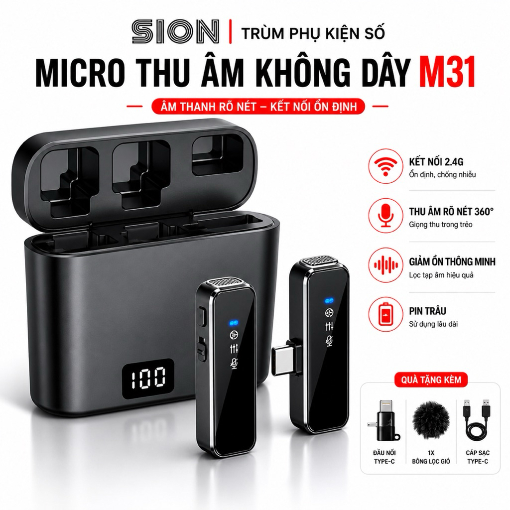 Mic Thu Âm Không Dây M31 1 Mic Chống ồn AI, Mic cài Áo - Mic Livestream, Quay Video, Vlog, Cho Điện 