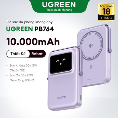 Pin sạc dự phòng không dây Ugreen Uno 10000mAh | PD 20W | Công nghệ Qi2 | Màn hình TFT | BH 18 tháng PB764