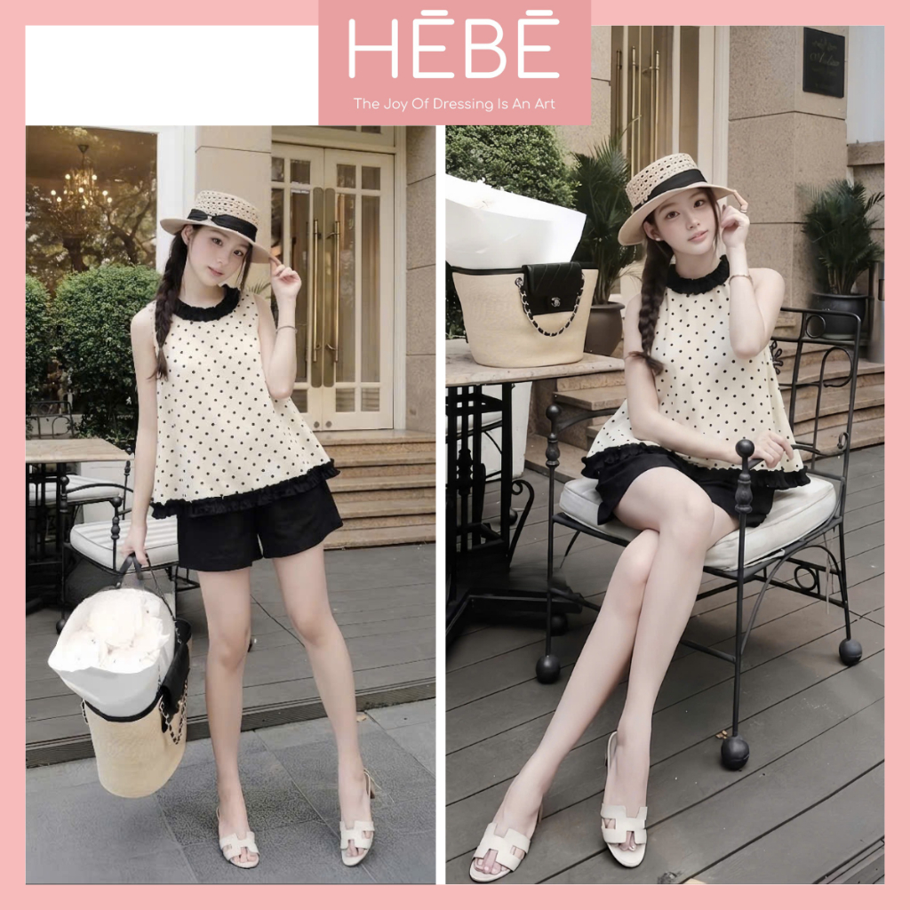 Set bộ nữ Saya vải linen họa tiết chấm bi phối bèo điệu đà, Bộ đồ nữ mùa hè áo sát nách kèm quàn short thời trang HEBE