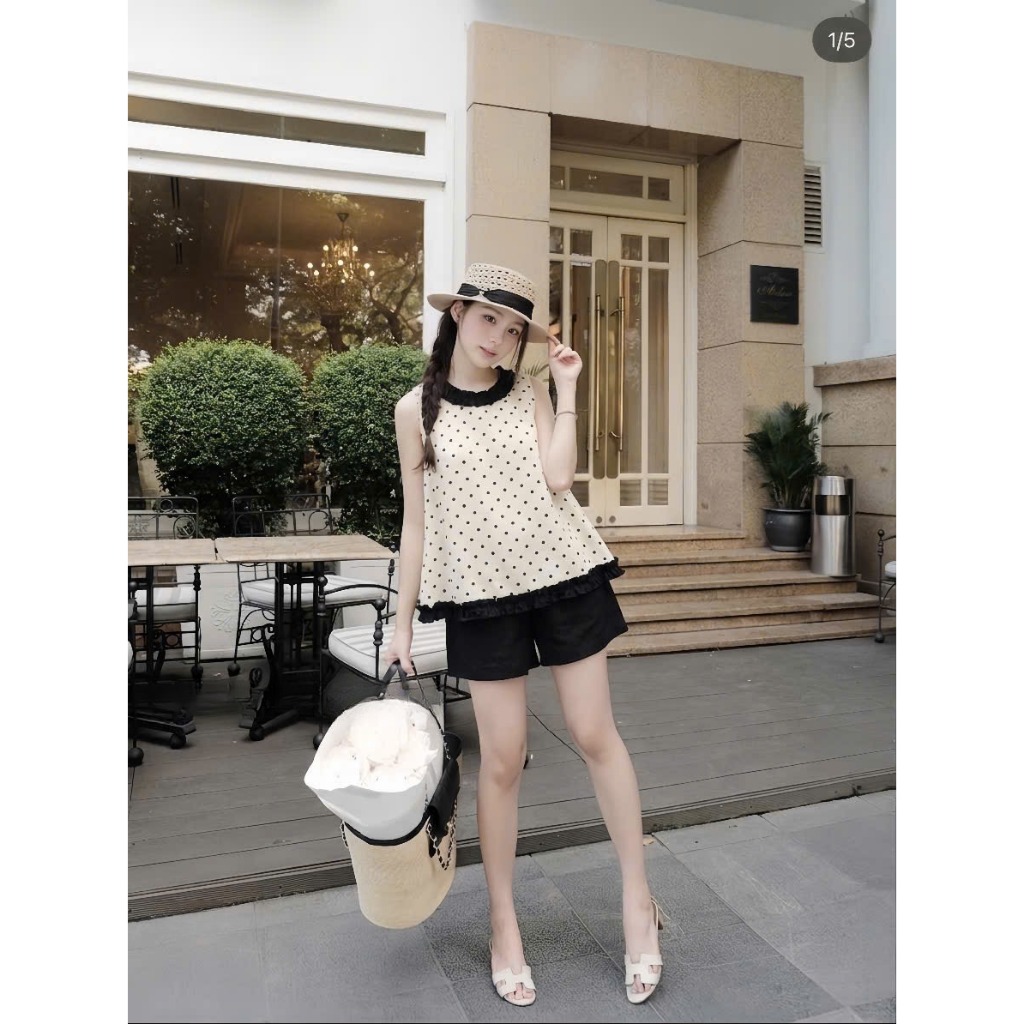 Set bộ nữ Saya vải linen họa tiết chấm bi phối bèo điệu đà, Bộ đồ nữ mùa hè áo sát nách kèm quàn short thời trang HEBE | BigBuy360 - bigbuy360.vn