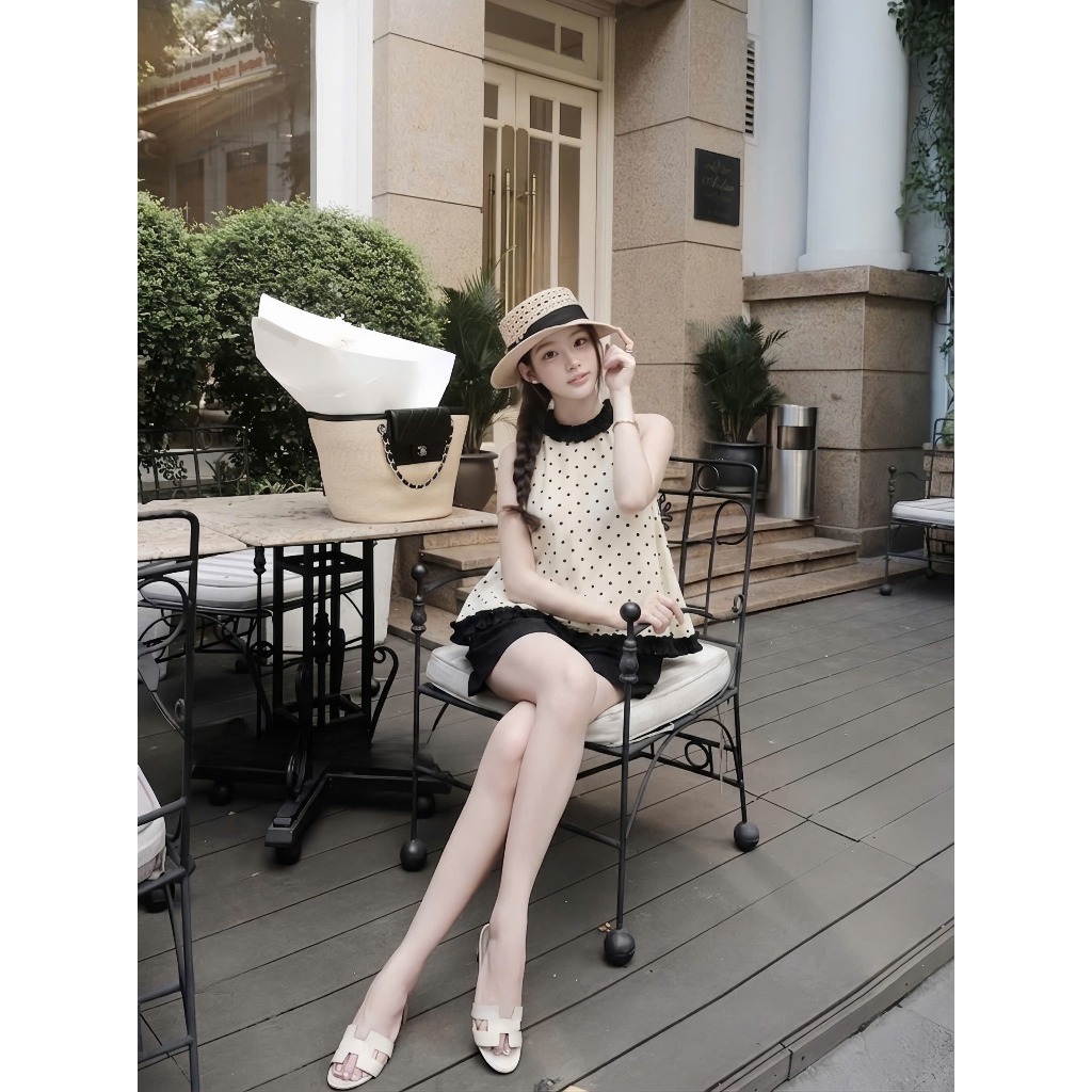 Set bộ nữ Saya vải linen họa tiết chấm bi phối bèo điệu đà, Bộ đồ nữ mùa hè áo sát nách kèm quàn short thời trang HEBE | BigBuy360 - bigbuy360.vn