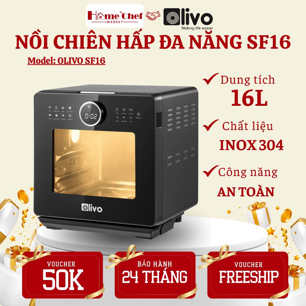 Nồi Chiên Hấp OLIVO SF16 PRO Màn Hình Cảm Ứng OLED, Khoang Nướng 16L Cao Cấp - Home Chef Market