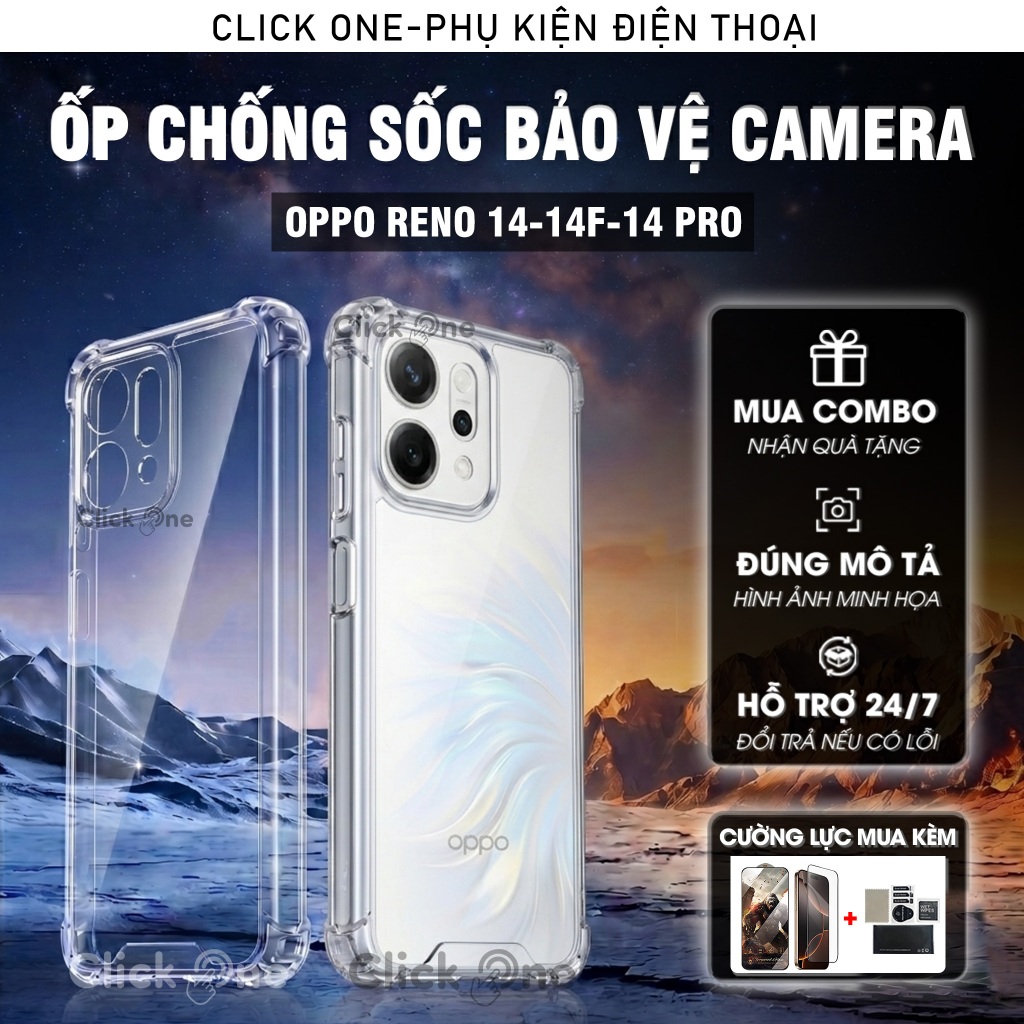 Ốp lưng Oppo Reno 14, 14F, 14 Pro dẻo trong, chống sốc 4 cạnh, bảo vệ camera, trong suốt, silicon | Ốp lưng chống sốc