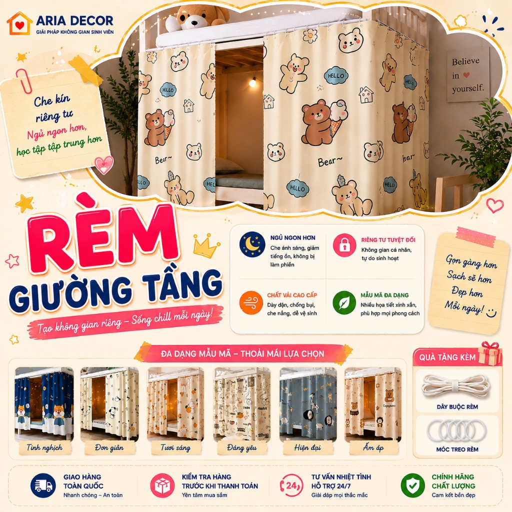[ TẶNG QUÀ ] Rèm ký túc xá sinh viên ARIA DECOR, ktx giường tầng, cản sáng tạo không gian riêng tư