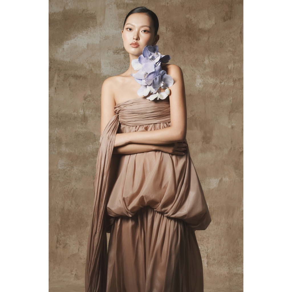 [BYDI DESIGN] MOSA DRESS - Đầm Dạ Hội Cúp Ngực Draping Nâu Mocha Cao Cấp, Váy Maxi Xếp Sang Trọng