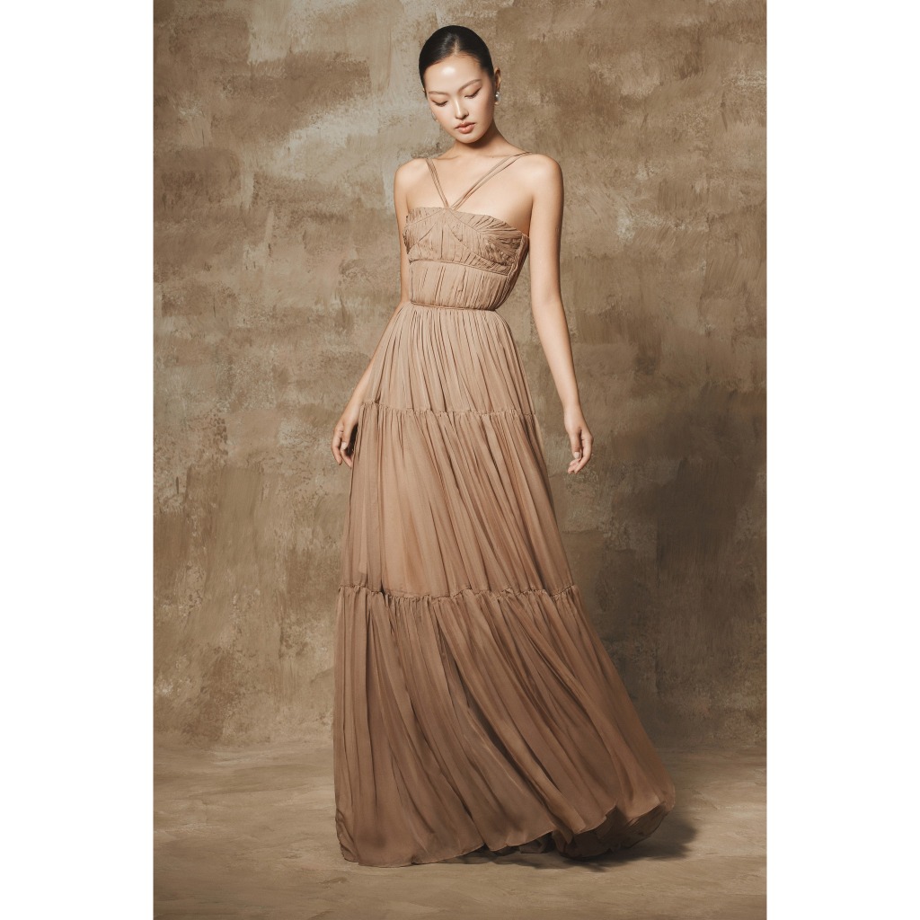 [BYDI DESIGN] OLIA DRESS - Đầm Maxi Dập Ly Nâu Mocha Hai Dây Thanh Lịch, Váy Dài Đi Biển Nữ Tính