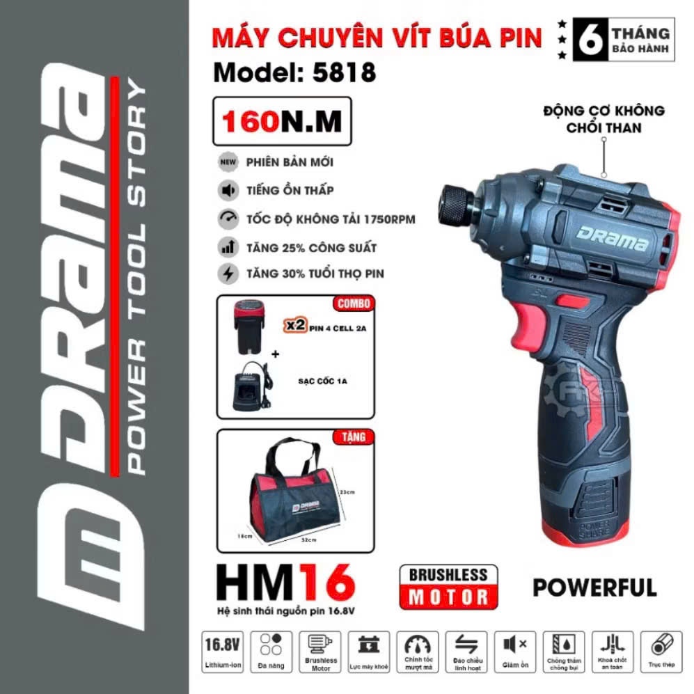 Máy chuyên vít búa pin DRAMA 5818, Lực siết 160Nm, Không Chổi Than, 3 cấp chỉnh lực, 2pin 16V
