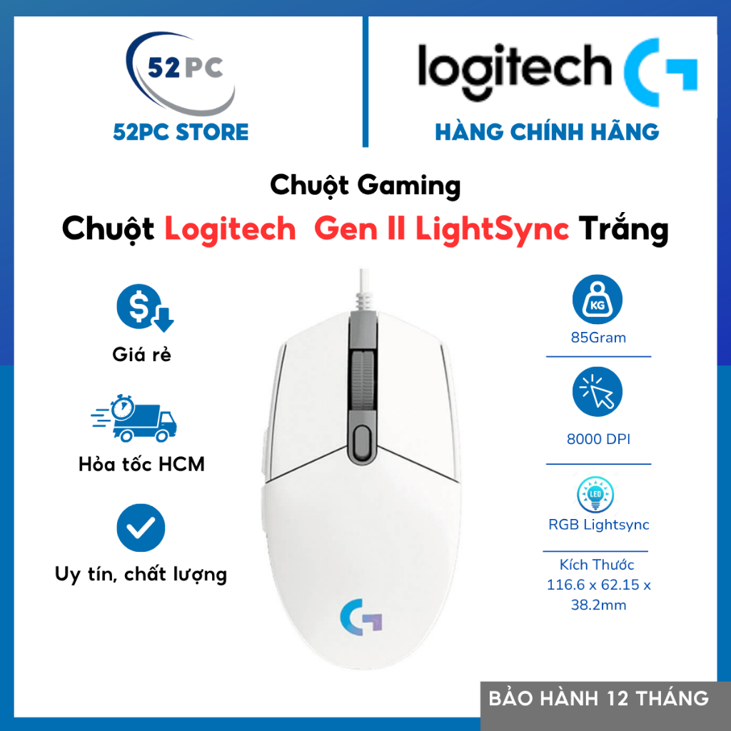Chuột Gaming Logitech Gaming G102 Gen II LightSync Trắng Bảo Hành 12 Tháng