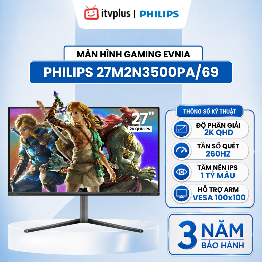 Màn hình Gaming Philips Evnia 27" 2K QHD/260Hz MBR 0.5ms Giảm mờ ảnh, Tần số quét 260hz, BH 3 Năm