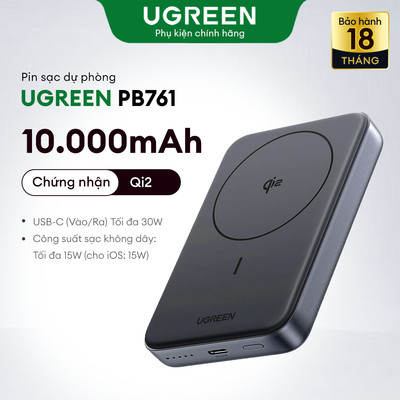 Sạc Dự Phòng Từ Tính UGREEN 10000mAh Qi2 Sạc Không Dây 15W Cho Iphone | Usb-C 30w | Hỗ Trợ Sạc Nhanh  - Chính Hãng PB761