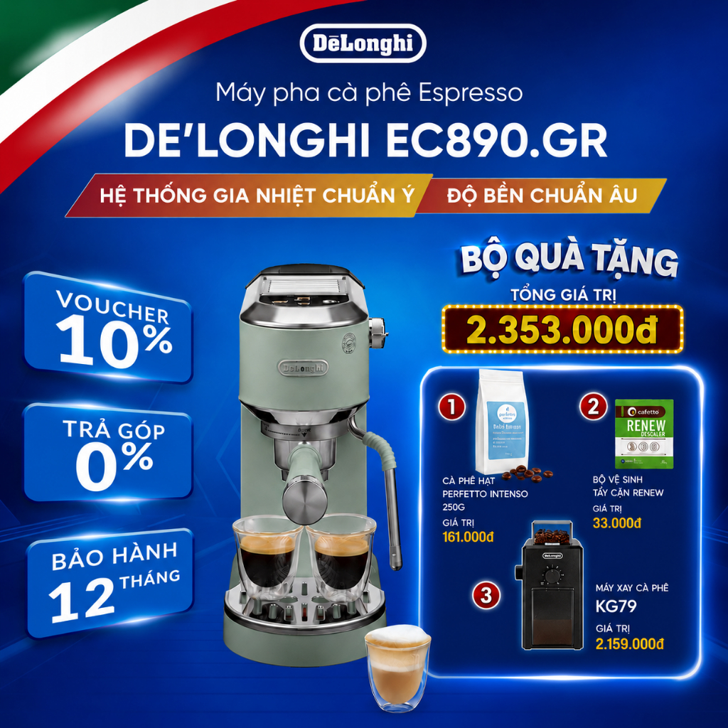 Máy pha cà phê DeLonghi Dedica Duo EC890  | Arte EC885– Chính hãng, pha Espresso Cappuccino tại nhà