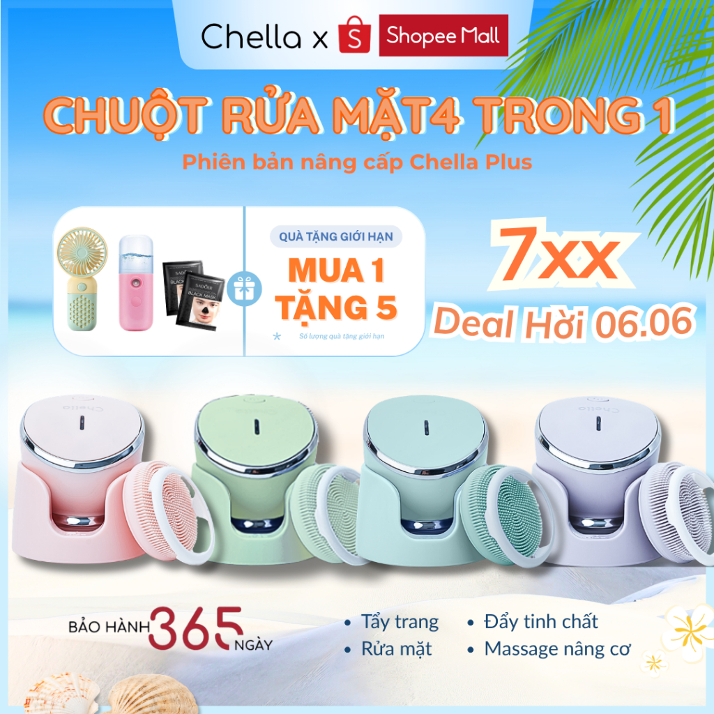 Chuột Rửa Mặt Chella 4 trong 1 hỗ trợ Tẩy Trang, Nâng Cơ, Máy Đẩy Tinh Chất, Máy Rửa Mặt - Bảo Hành 