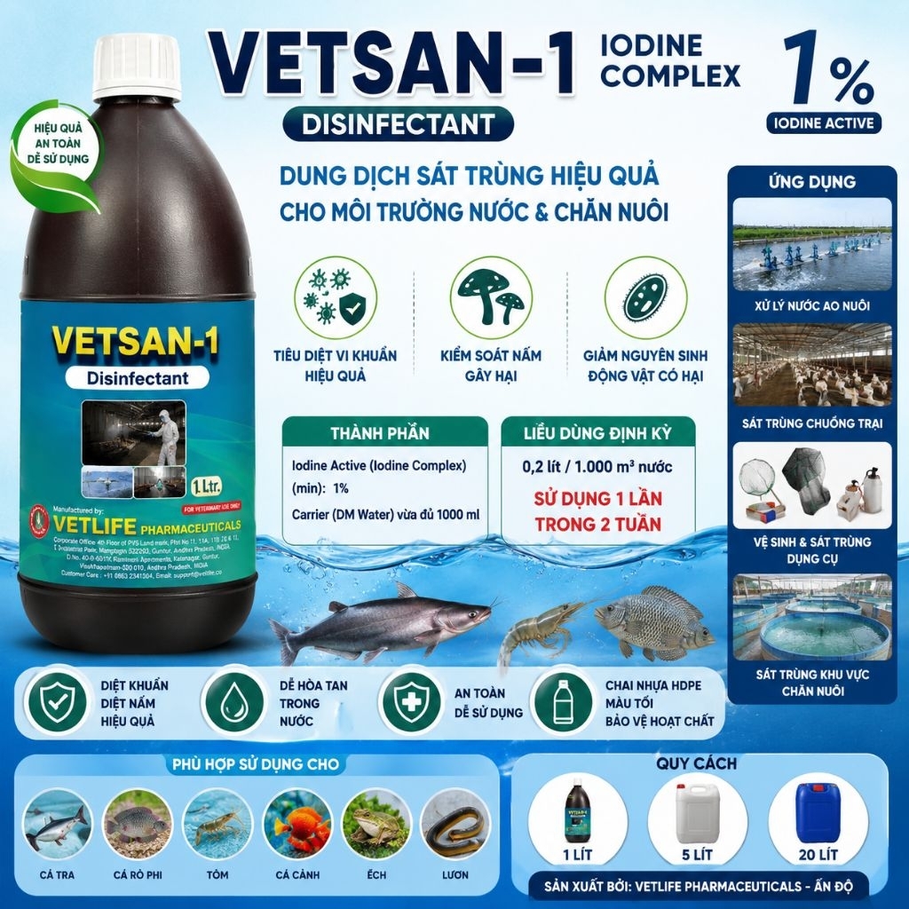 VETSAN-1 Iodine Complex 1% Chai 1 Lít - Dung Dịch Sát Trùng Nước Ao, Chuồng Trại, Thủy Sản