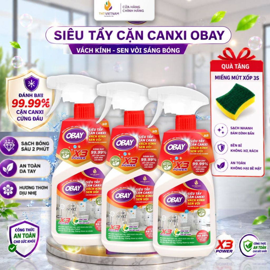 Combo 3 Xịt tẩy cặn Canxi Obay 450ml không xộc mùi an toàn không hại bề mặt sạch sau 2 phút
