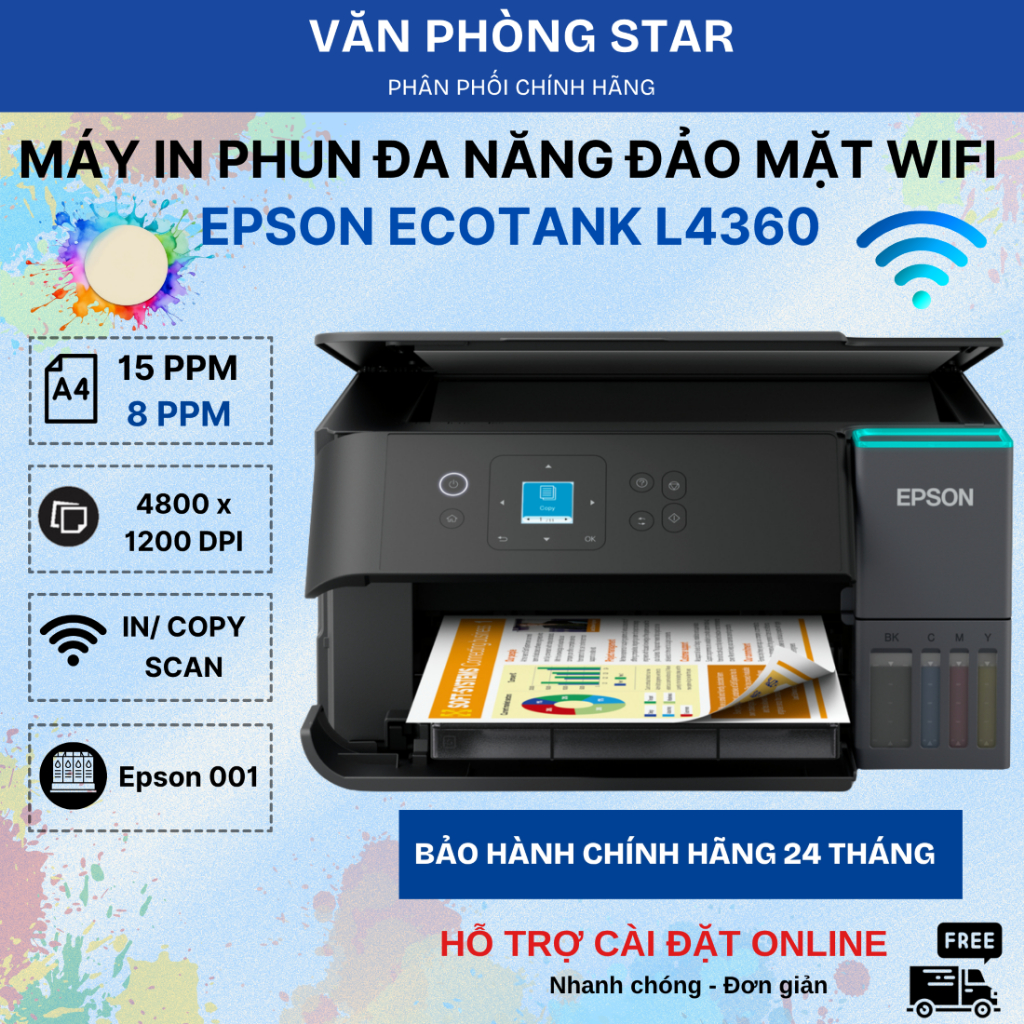 Máy in phun màu Epson Đa chức năng Ecotank l4260/ L4360 - In đảo mặt - Wifi / Copy/ Scan chính hãng