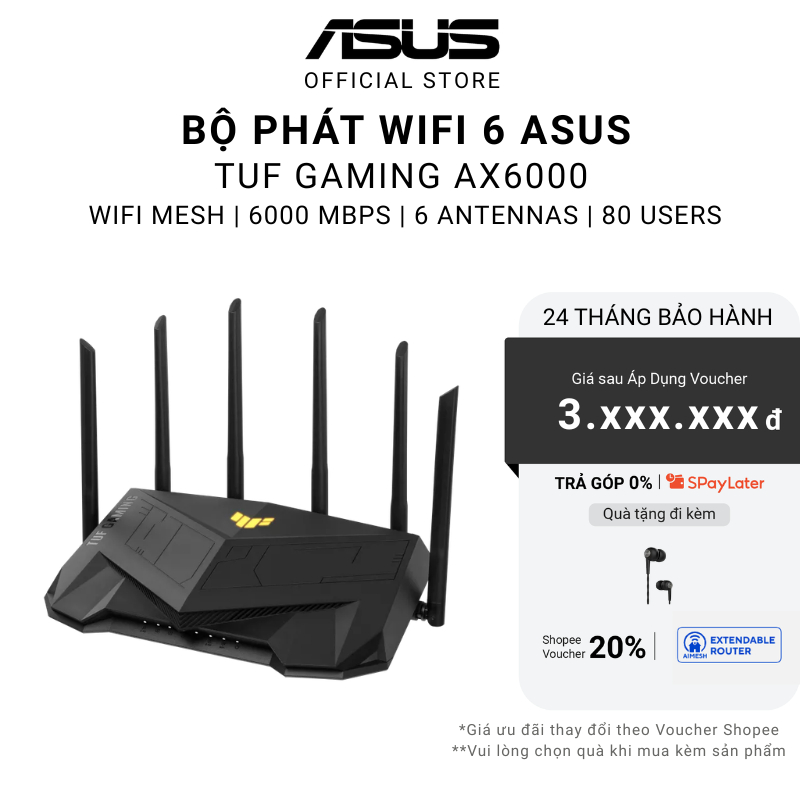 Bộ phát wifi 6 Asus TUF Gaming AX6000 Chuẩn AX/ AX6000Mbps/ 6 Ăng-ten ngoài/ Wifi Mesh/ 80 User