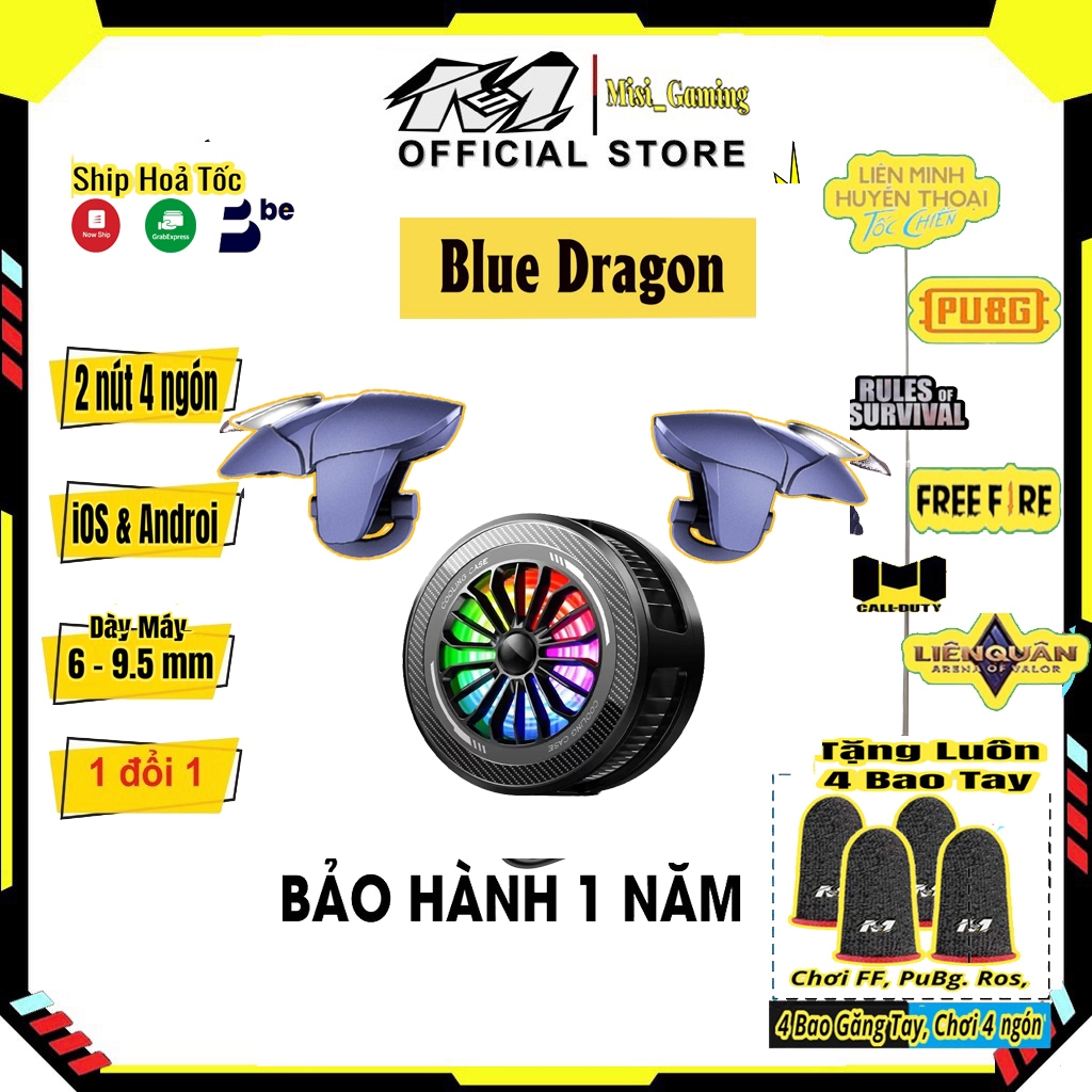 Nút bấm chơi game Pubg, FF, ROS,.. Bộ 2 nút bắn Blue Dragon chơi gaming Tặng quạt tản nhiệt sò lạnh 