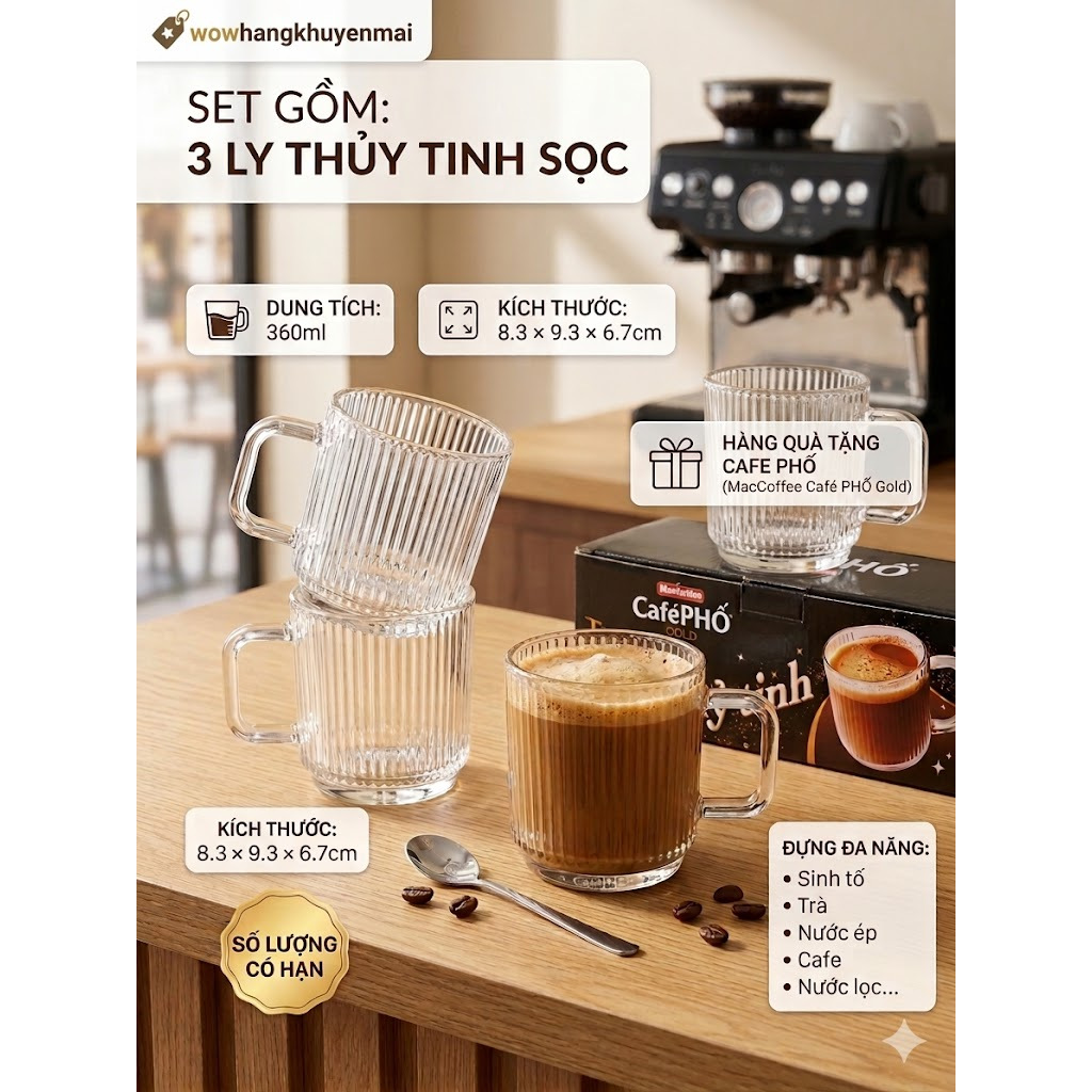 Bộ 3 Ly Thủy Tinh Sọc MacCoffee - Café Phố Gold