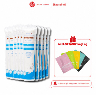 Combo 10 Bông tẩy trang Boccotton Classic 100 miếng/ gói mềm mịn, thấm hút nhanh, thành phần coton tự nhiên