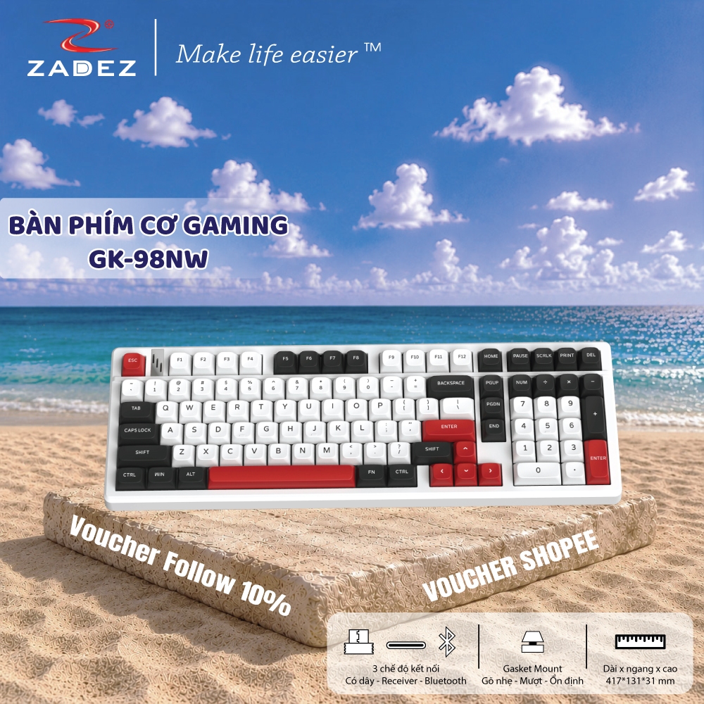 Bàn Phím Cơ Gaming ZADEZ GK-98NW - Ba Chế Độ Kết Nối, Layout 98%