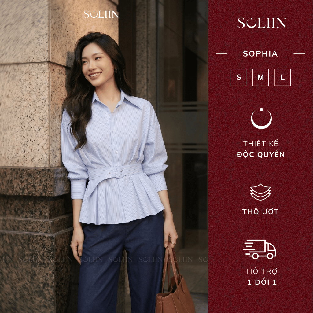 [MỚI VỀ HÀNG] Áo Sơ Mi Tay Dài Dáng Ngắn Peplum SOLIIN Xếp Ly Đai Eo Phong Cách Thanh Lịch Công Sở | Sophia shirt