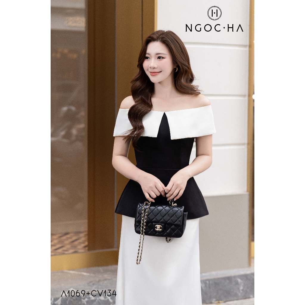 Áo Công Sở, Áo kiểu Miran Top Áo Peplum Trễ Vai Phối Trắng Đen NGOC HA DESIGN A1069