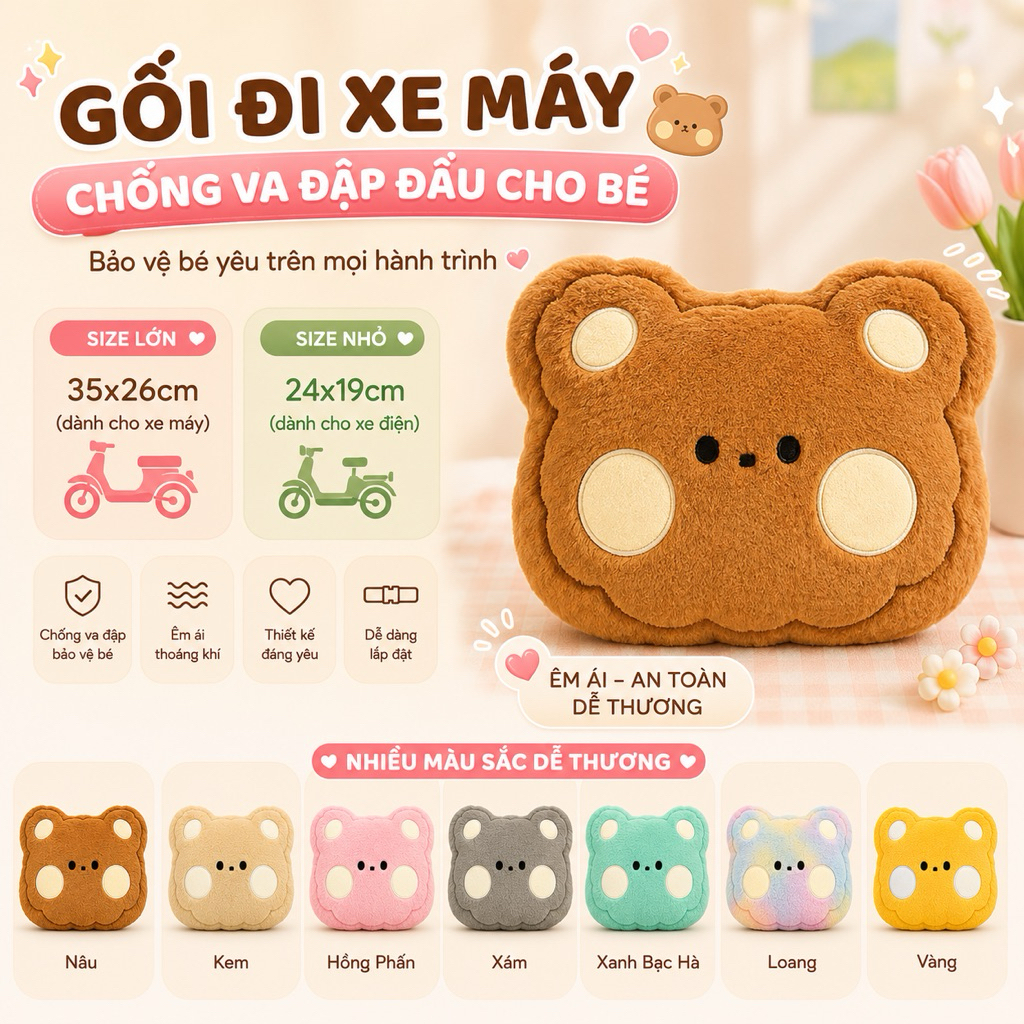 Gối đi xe máy cho bé hình gấu nâu dễ thương - Gối đi xe máy chống va đập đầu…