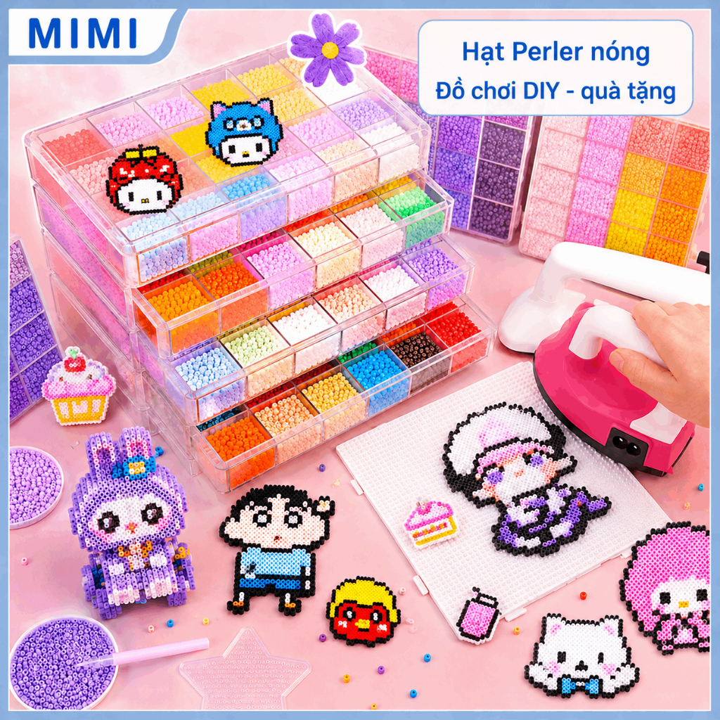 Bộ Hạt Perler DIY 2.6mm, Full Phụ Kiện: Bàn Ủi Mini, Bảng Ghép, Giấy Ủi, Bút…