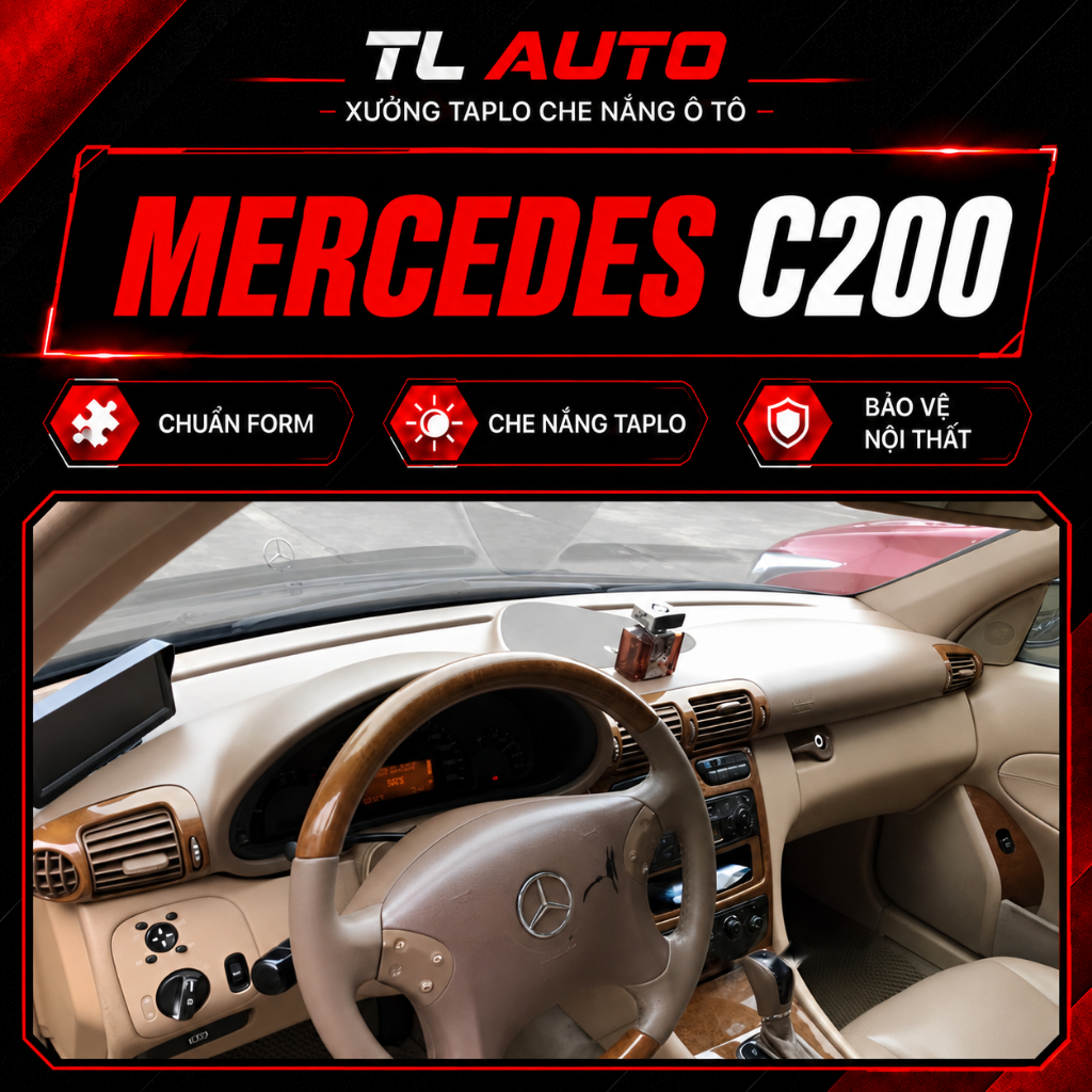 Thảm taplo ô tô Mercedes C200 2001-2003, thảm taplo che nắng da carbon, da vân gỗ, nhung cừu cao cấp