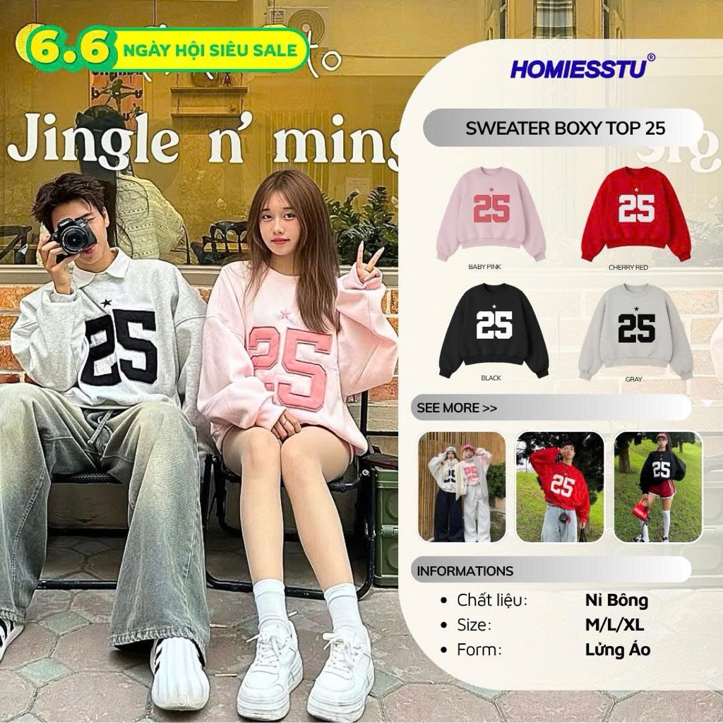 Áo sweater 25 TWENTY FIVE form rộng Boxy Top unisex nam nữ 45kg-80kg - Homies Saigon | BigBuy360 - bigbuy360.vn