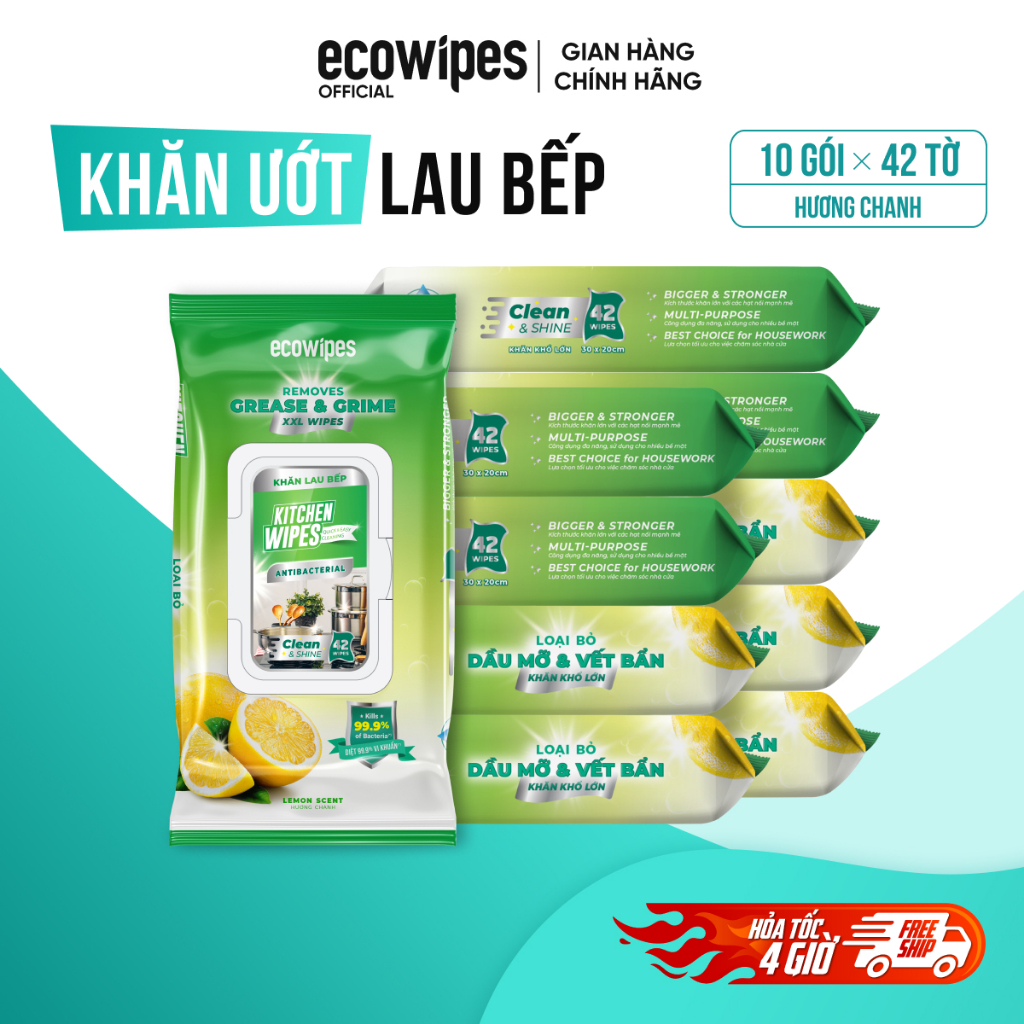 Thùng 10 gói khăn giấy ướt lau bếp cao cấp Kitchen EcoWipes gói 42 tờ size lớn hương chanh