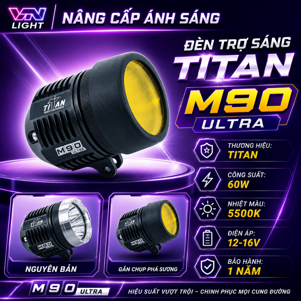 M90 Ultra, Đèn Trợ Sáng Titan M90 Ultra 60W Chính Hãng Siêu Sáng Rõ Bám Đường Tốt Cao Cấp BH 1 Năm