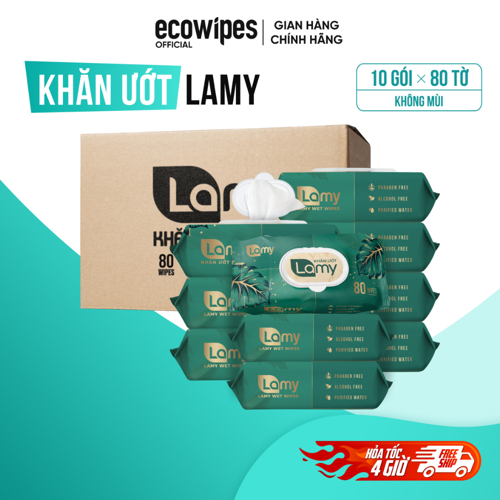 [ĐA KHO BẮC NAM] Thùng 10 gói khăn ướt Lamy không mùi không cồn không paraben an toàn cho bé