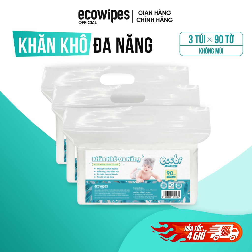 Combo 03 túi khăn lau vải khô đa năng cao cấp Ecobi túi 90 tờ không mùi