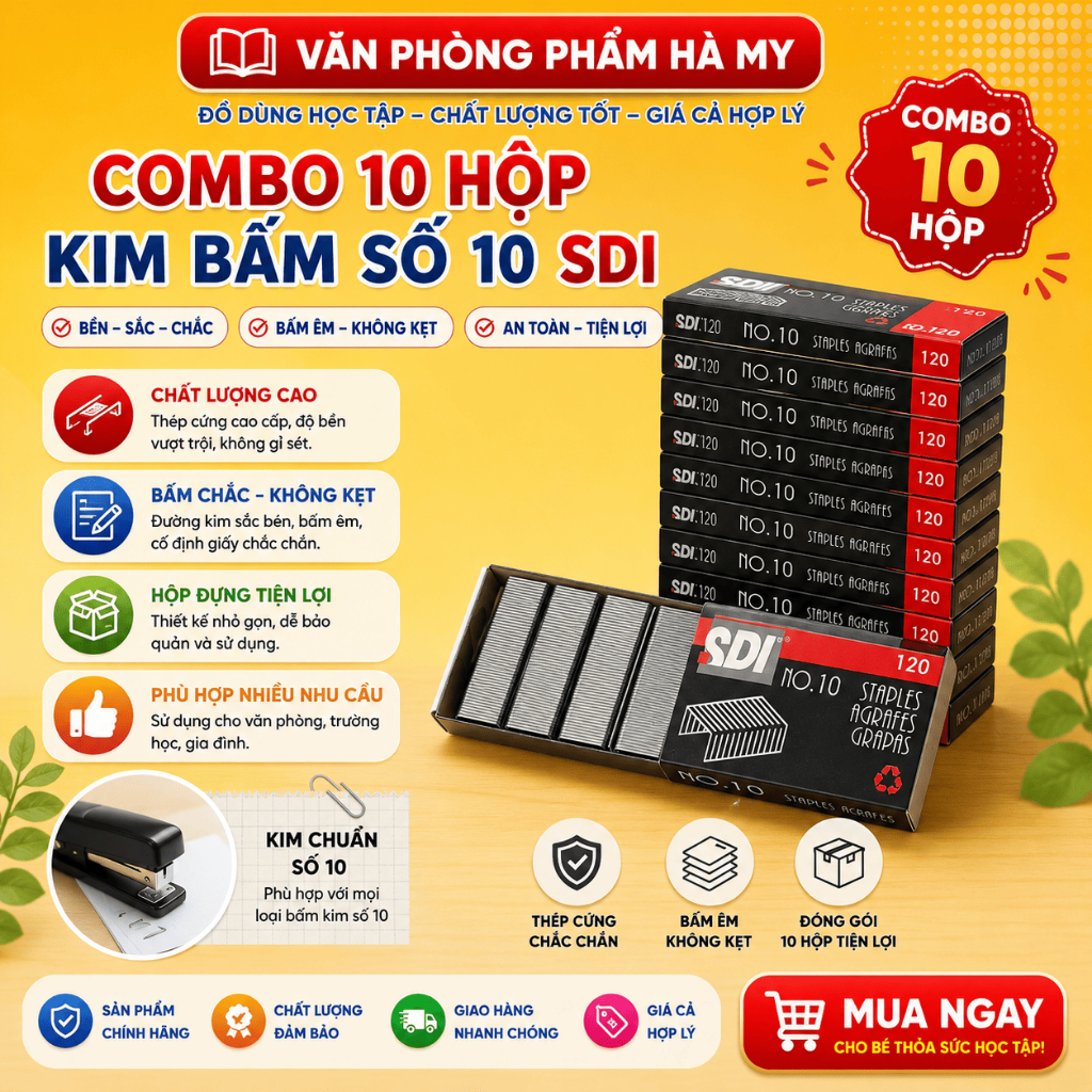 Combo 10 Hộp Kim bấm số 10 SDI Thép không gỉ khá cứng cáp