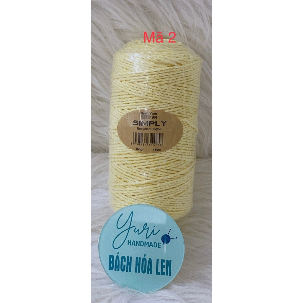 Sợi Simply Recycled Cotton 150g 2mm Craft Yarn, Len Móc Túi Xách Mũ Nón Vintage Mộc Mạc Thân Thiện Môi Trường