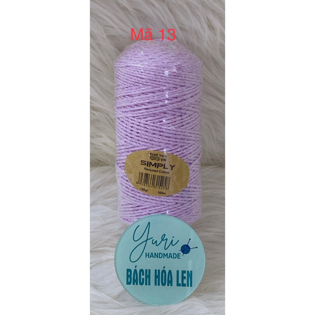 Sợi Simply Recycled Cotton 150g 2mm Craft Yarn, Len Móc Túi Xách Mũ Nón Vintage Mộc Mạc Thân Thiện Môi Trường