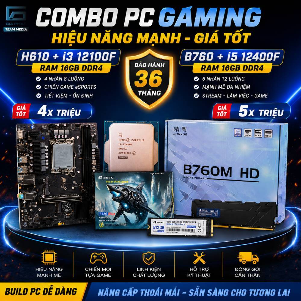 Combo H610 i3 12100F RAM 16GB / B760 i5 12400F DDR4 Chiến Valorant CS2 PUBG LOL BH 36 Tháng