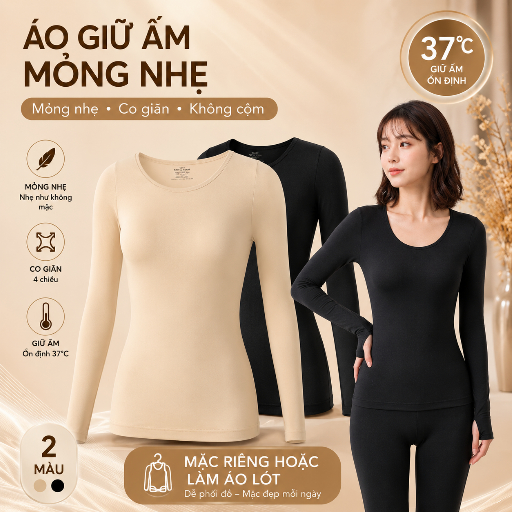 Áo giữ nhiệt nữ cổ thấp 37°C, không lộ cổ áo khi mặc sơ mi, mềm như da thứ hai, co giãn 4 chiều