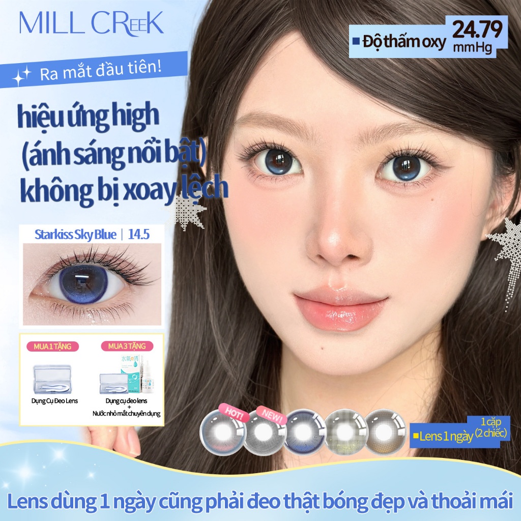 【lens khoá trục】Lens 1 ngày khóa trục cố định Mill Creek Lens Xanh lam douyin có viền tròn mắt cấp ẩ