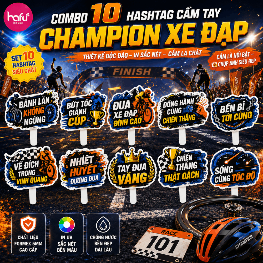 [HỎA TỐC HCM] Combo Hashtag Đua Xe Đạp Cầm Tay Phụ Kiện Check In Sự Kiện Giải Đấu Team Building