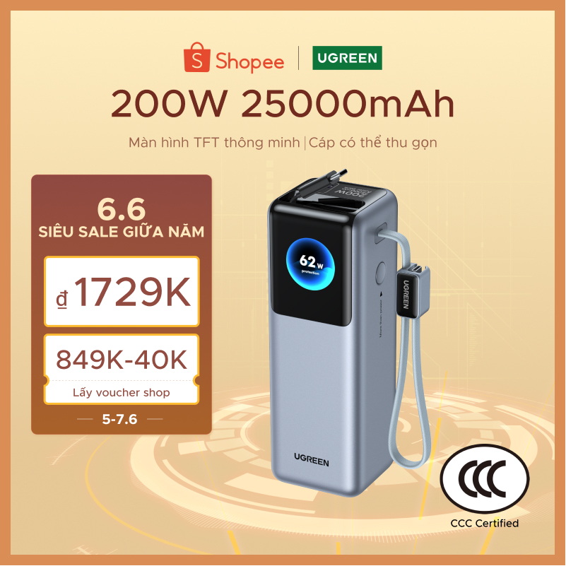 【Được chứng nhận CCC】Sạc dự phòng UGREEN 25.000mAh | Công suất 200W | Tích hợp 2 cáp USB-C có thể rút gọn | Có màn hình