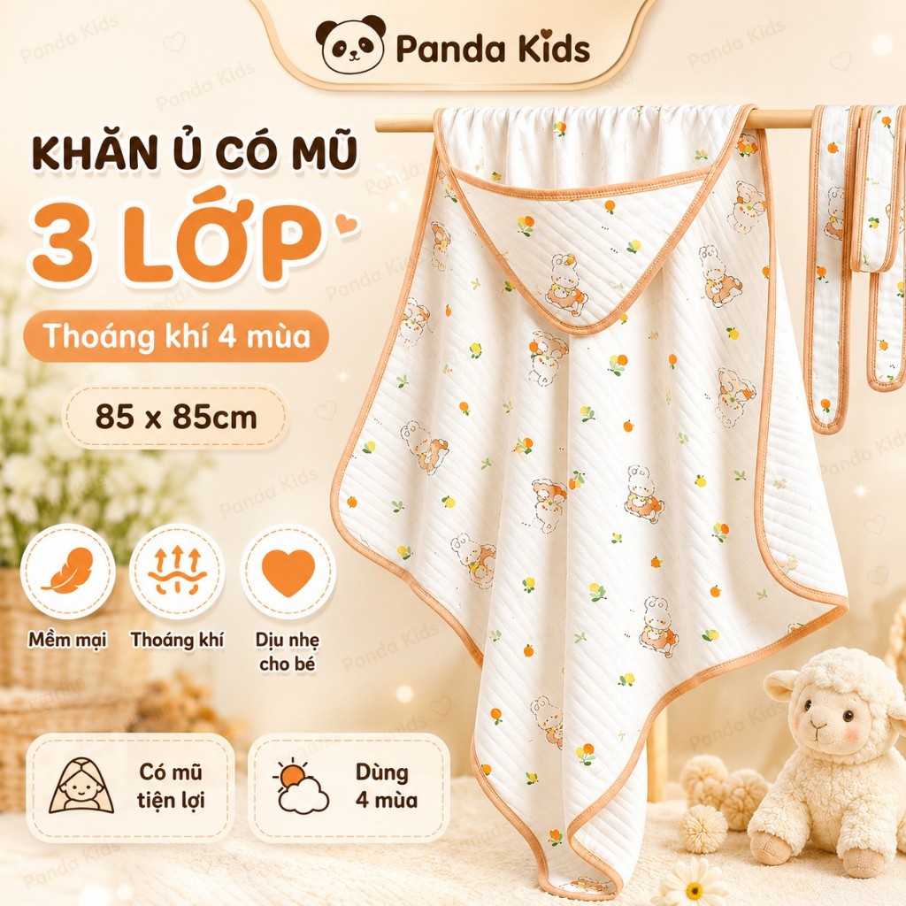 Khăn Ủ Dệt Kim 3 Lớp Có Mũ Cho Bé , Khăn Choàng 4 Mùa Thoáng Khí Size 85x85cm - Panda Kids - HT631 +