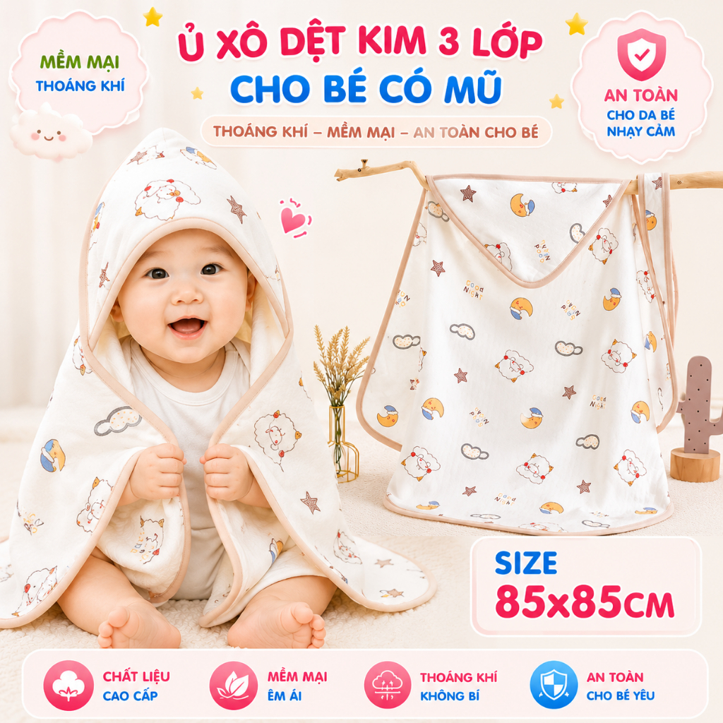 Ủ Xô Dệt Kim 3 Lớp Cho Bé Có Mũ Thoáng Khí 85*85cm Sunni Store - HT631 + HT608+ HT627