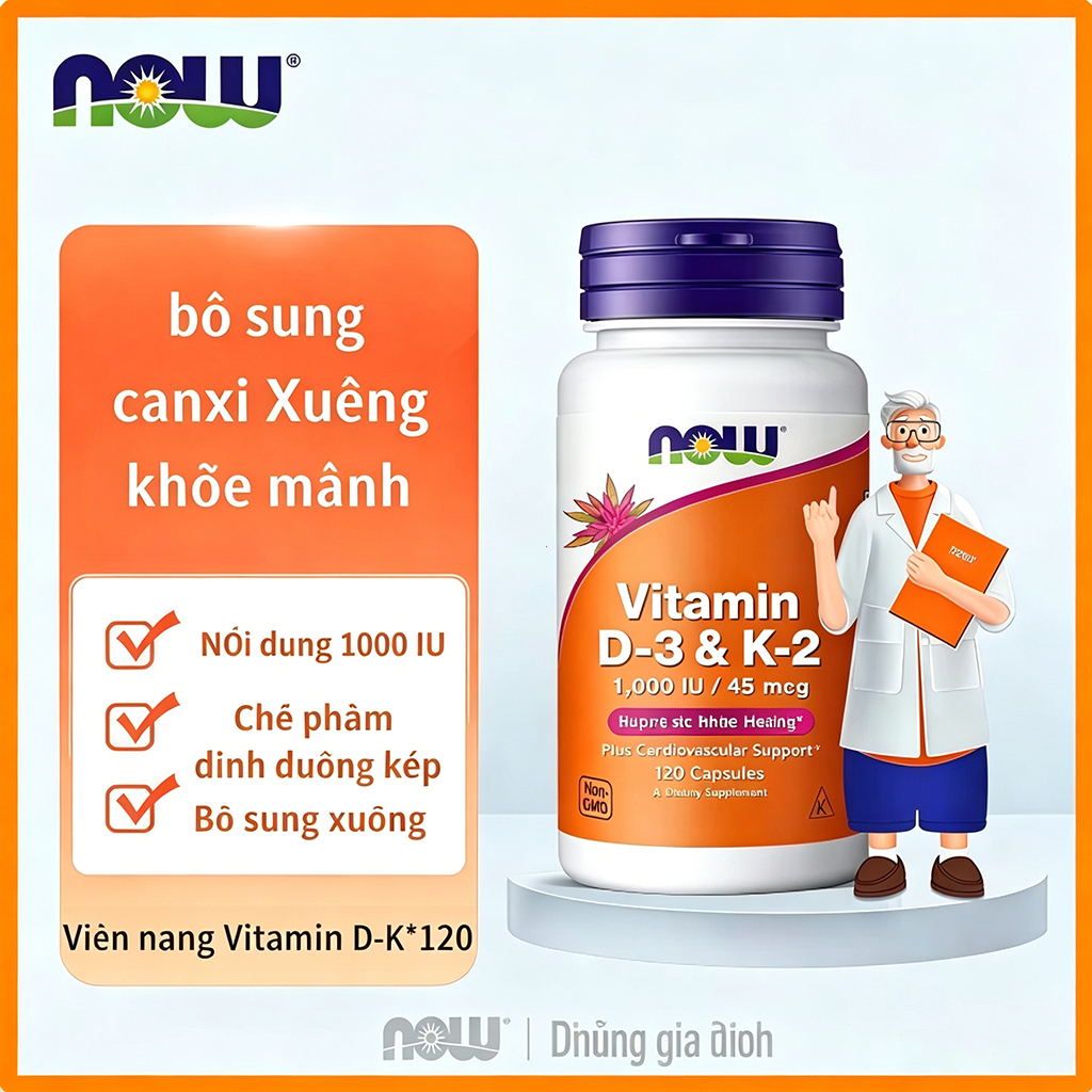 VIÊN UỐNG VITAMIN D3 K2 MK7 NOW FOODS HOẠT TÍNH CAO, BỔ XƯƠNG 1000IU, DÀNH CHO NGƯỜI LỚN, NỘI DUNG C