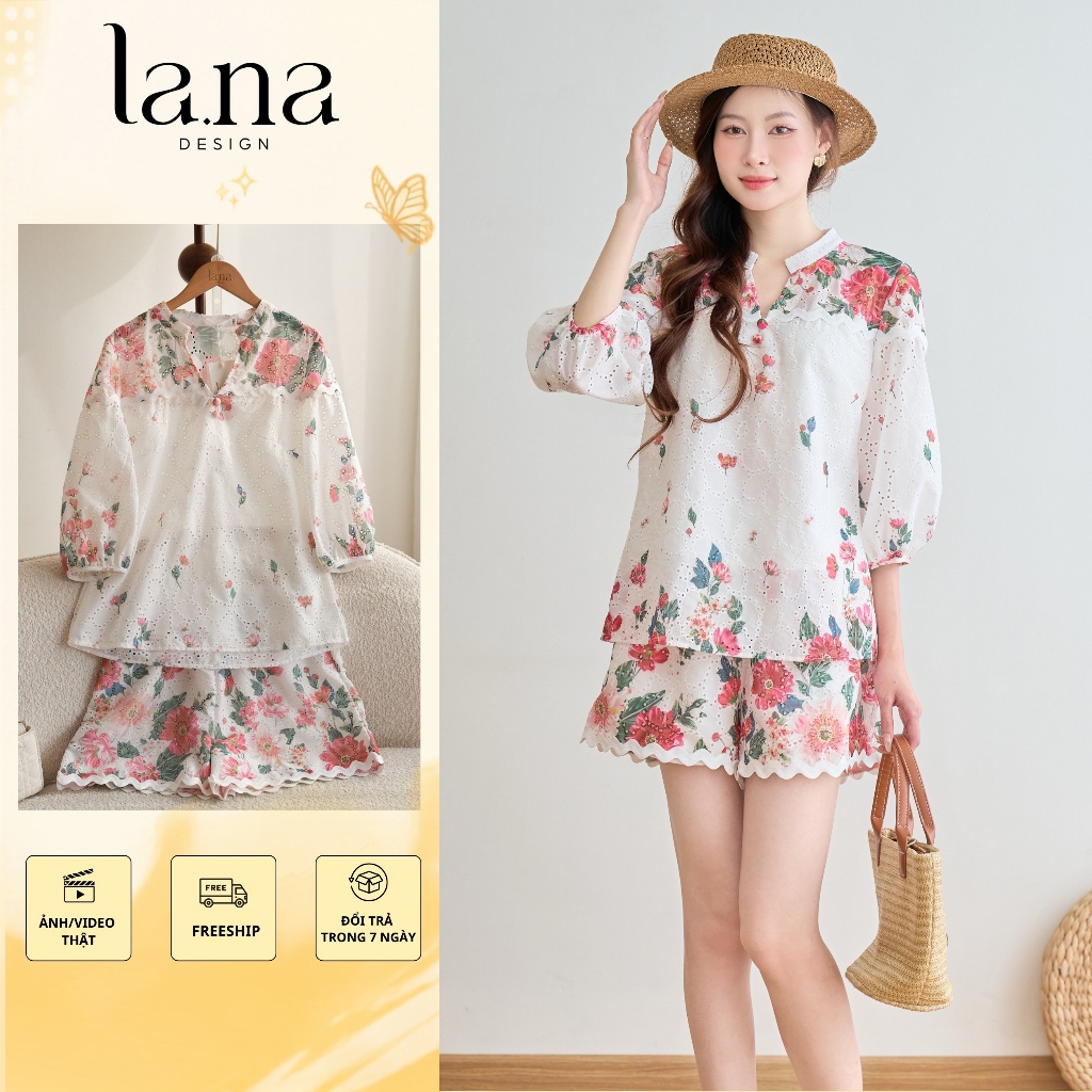 Set áo quần XUÂN THẢO thiết kế LANA DESIGN chất thô đục lỗ in hoa, đồ nữ đi biển, dạo phố - SQ223