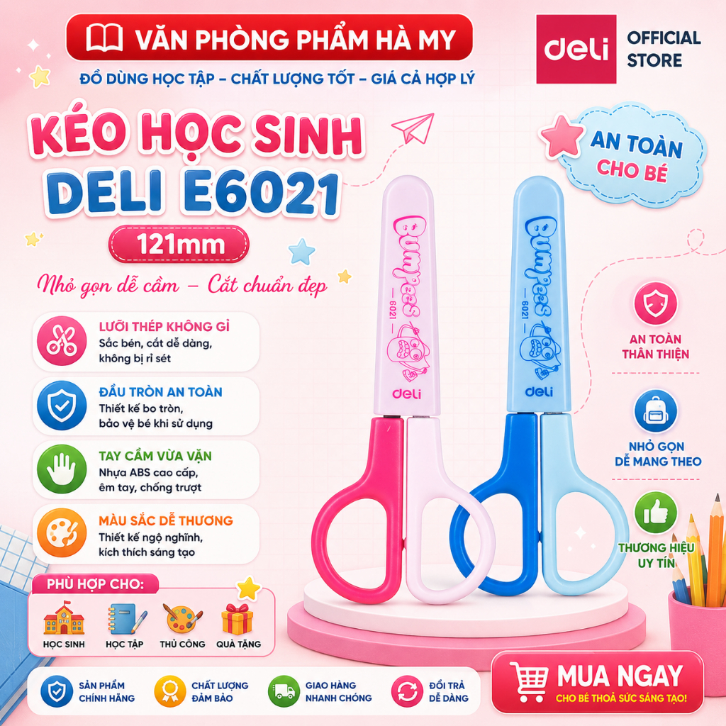 Kéo học sinh Deli 121mm E6021 có nắp đậy tiện lợi