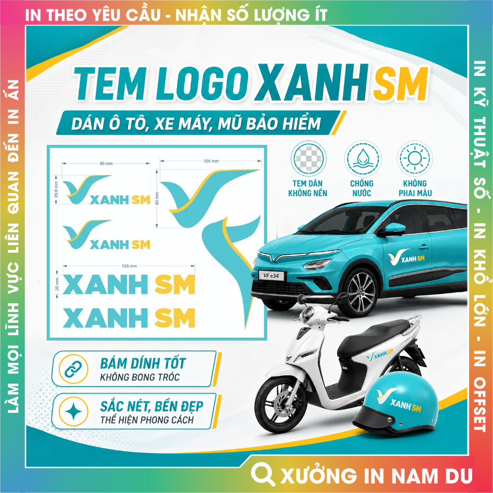 Tem Logo Xanh SM dán Ôtô, Xe máy, Mũ Bảo Hiểm