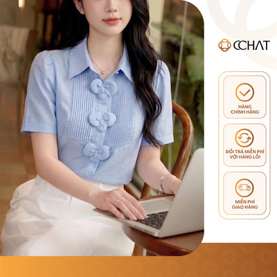 Áo Sơ Mi Nữ 𝐂𝐂𝐇𝐀𝐓 Dáng Suông Kiểu Minsyin Đính Hoa Trang Trí Chất Liệu Cao Cấp 16FNT9042ST