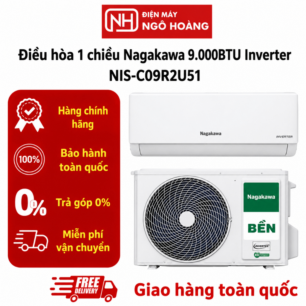 NIS-C09R2U51 - Điều hòa 1 chiều Nagakawa 9.000BTU Inverter NIS-C09R2U51 – Máy lạnh tiết kiệm điện, l